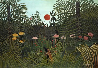 Persona negra atacada por un jaguar, 1910 de Henri Rousseau