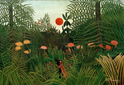 Selva virgen al atardecer. Black atacado por un leopardo de Henri Rousseau