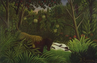 Tigre atacando a un caballo y un hombre negro durmiendo de Henri Rousseau