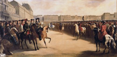 El Zar Pedro I el Grande de Rusia (1672-1725) acompañado por el Regente Felipe II Duque de Orleans (1674-1723) durante su visita a Francia revisa las tropas montadas en las Tullerías (París) el 16/06/1717 de Henri Serrur