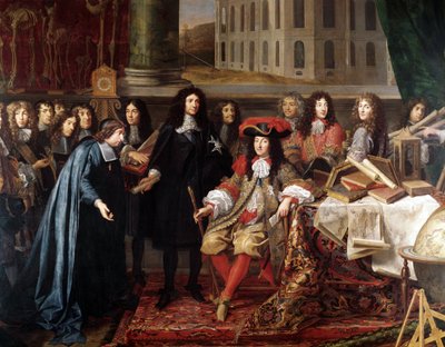 Jean-Baptiste Colbert presentando los miembros de la Real Academia de Ciencias a Luis XIV, detalle, c.1667 (óleo sobre lienzo) de Henri Testelin