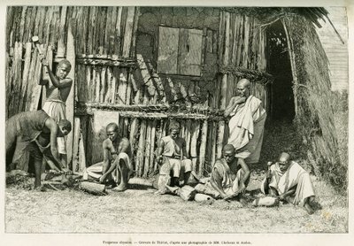 Herreros abisinios. Grabado de Thiriat, a partir de una fotografía, para ilustrar la historia Viaje al Choa (Abyssinie meridionale). de Henri Thiriat