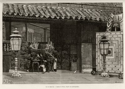 Rey Dong Khanh (1864-1889) Emperador de Annam, hogar en la ciudad imperial de Hue (Vietnam). Grabado de Thiriat, para ilustrar la historia Treinta meses en Tonkín por el Dr. Charles Edouard Hocquard (1853-1911), en 1885, en Le tour du monde, nuevo diario d de Henri Thiriat
