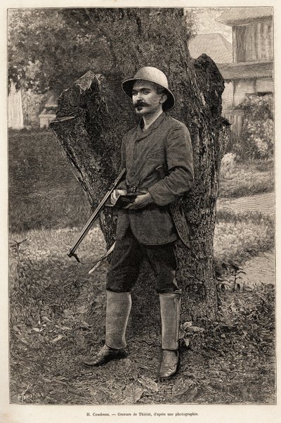 Retrato de Henri Coudreau (1859-1899), profesor de geografía y explorador del Amazonas (Brasil). Grabado por Thiriat para ilustrar la historia “chez nos indiens, cuatro años de viaje en la Guayana francesa” de Henri Thiriat