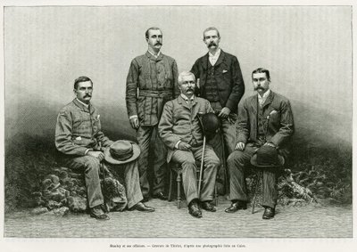 Retrato de Henry Morton Stanley (John Rowlands 1841-1904) rodeado de sus oficiales desde la izquierda: Dr. Thomas Heazle Parke (1857-93), Robert H. Nelson, William G. Stairs y Arthur J. M. Jephson. Grabado por Thiriat, para ilustrar la historia En las somb de Henri Thiriat