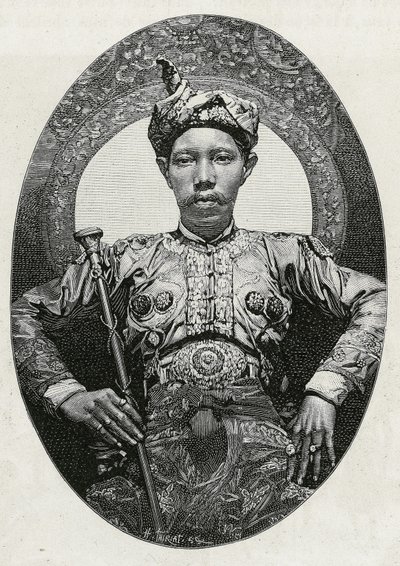 Retrato de Mohammed Yamalul Alam, sultán de Soulou (o Sulu) (Filipinas), en 1880. Grabado por Thiriat, para ilustrar la historia "Viaje a Filipinas" de Henri Thiriat