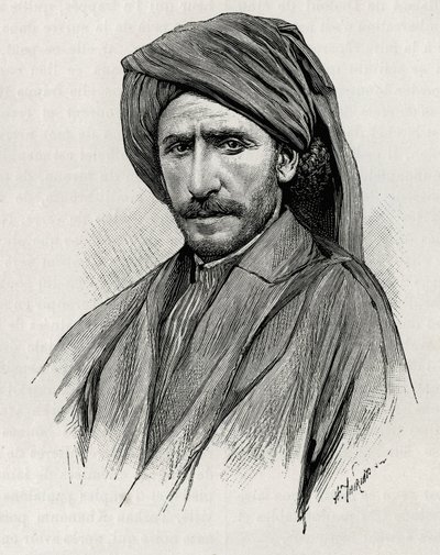 Retrato del Sheik Moses, el líder tribal más poderoso de Arabistán (o península arábiga). Grabado por Thiriat, para ilustrar la historia 