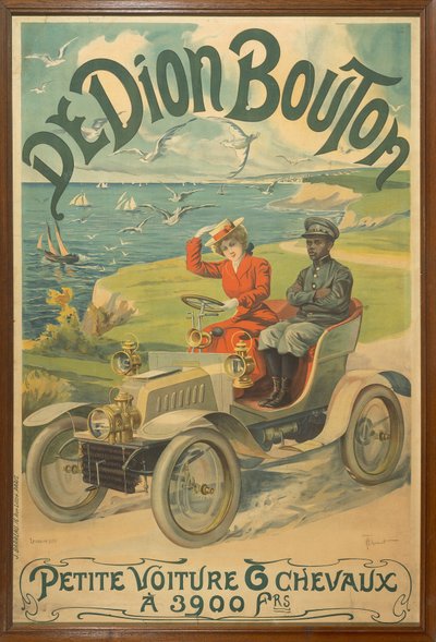 Anuncio de coches De Dion Bouton que muestra a La Belle Otero al volante y a Michel Zelete, ayuda de cámara del marqués de Dijon, a su lado de Henri Thiriet