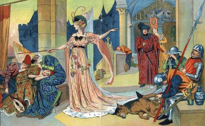 La Fee hechiza a los habitantes del castillo con su varita mágica para mantenerlos dormidos mientras la princesa. "La belle au bois dormant", cuento de Charles Perrault (1628-1703) (la bella durmiente) Ilustraciones Henri Thiriet (1873-1946). Alrededor de  de Henri Thiriet