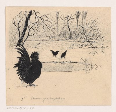 Patos, pájaros y gallo junto a un estanque congelado de Henri Verstijnen