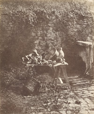 Naturaleza muerta: caldero, jarra y verduras sobre una mesa con caballetes de Henri Victor Regnault