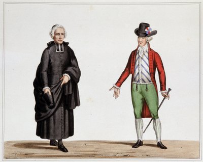 Un diputado del Clero y un hombre a la moda de septiembre de 1789 - Litografía de Villain, de la Colección de trajes, armas y muebles para servir en la historia de la Revolución Francesa y el Imperio, por el Conde Horace de Viel Castel, edición Canson de Henri Villain