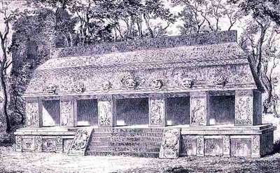 Restauración del ala interior del palacio en Palenque, de Las ciudades antiguas del Nuevo Mundo, por Claude-Joseph-Desire Charnay, pub. 1887 de Henri after Toussaint