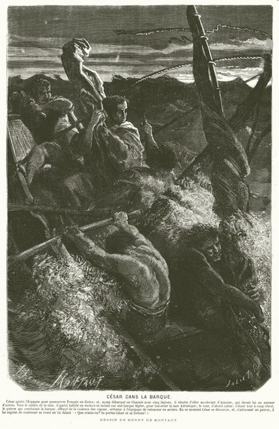 Julio César, disfrazado de esclavo, revelando su identidad a la tripulación de un barco atrapado en una tormenta mientras cruzaba el mar Adriático, 48 a.C. de Henri de (after) Montaut