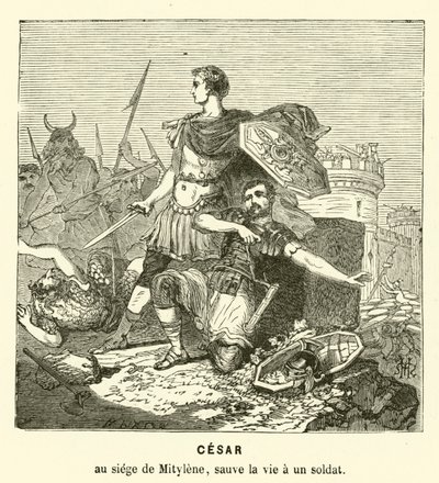 Julio César salvando la vida de un soldado en el sitio de Mitilene, Lesbos, Grecia, 81 a.C. de Henri de (after) Montaut