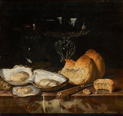 Bodegón con ostras, pan y copa de vino veneciana, 1661 de Henri de Fromantiou
