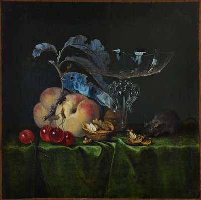 Naturaleza muerta con duraznos, nueces, ratón y copa de vino veneciana, 1661 de Henri de Fromantiou