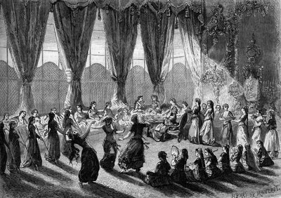Recepción de damas europeas en el harén de El Cairo por la Vice Reina de Egipto. Las sirvientas traen los platos mientras músicos y bailarines realizan el espectáculo. Siglo XIX. Grabado de Henri de Montaut en 
