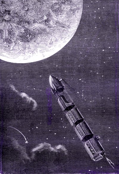 Tren de balas (o proyectiles) disparados por un cañón gigante hacia la Luna, "De la Tierra a la Luna" de Julio Verne de Henri de Montaut