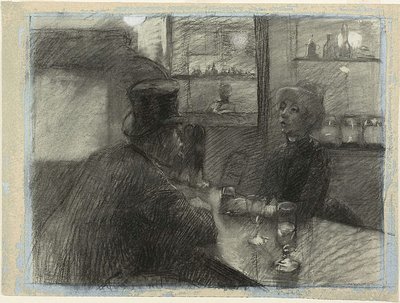 Bar del Café de la rue de Rome, c.1886 (carboncillo y tiza blanca sobre papel de estameña azul) de Henri de Toulouse Lautrec