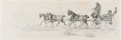 Carruaje tirado por caballos precedido por un jinete solitario (recto); Hombre montando a caballo con una manta y bocetos de cabezas, caballos y arco triunfal (verso) de Henri de Toulouse-Lautrec