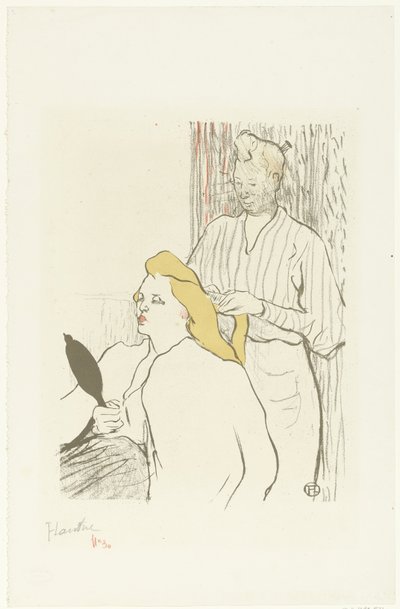 El peluquero peina el cabello de una mujer sentada con un espejo en la mano Le coiffeur Programme du Théâtre Libre de Henri de Toulouse Lautrec (signed by artist)