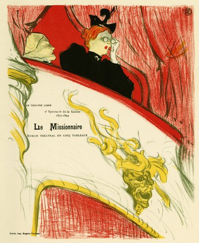 Una mujer en el camerino de un teatro utilizando unos prismáticos. Cartel del Misionero, obra de Marcel Luguet, representada en 1893 en el Teatro Libre creado en 1887 por André Antoine (1858-1943), Ilustración en litografía de Henri de Toulouse Lautrec de Henri de Toulouse Lautrec