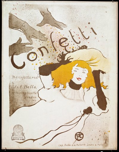 Confeti: manos lanzando confeti sobre una mujer con cabello amarillo de Henri de Toulouse Lautrec
