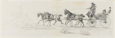 Carruaje tirado por caballos precedido por un jinete solitario (recto); Hombre montando a caballo con una manta y bocetos de cabezas, caballos y arco triunfal (verso) de Henri de Toulouse Lautrec