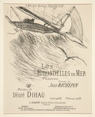 LES HIRONDELLES DE MER - Portada para composición musical impresa (poema de Richepin con música de Dihau) de Henri de Toulouse Lautrec