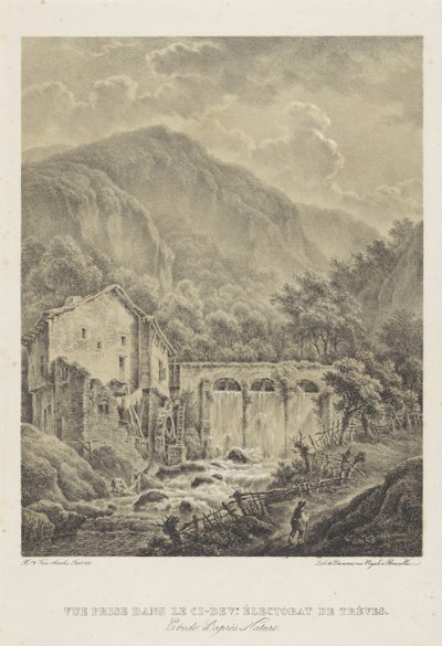 Paisaje de montaña con molino de agua cerca de Trier Vue premio de baile le ci dev. Éctorat de trèves (título sobre objeto) de Henri van Assche
