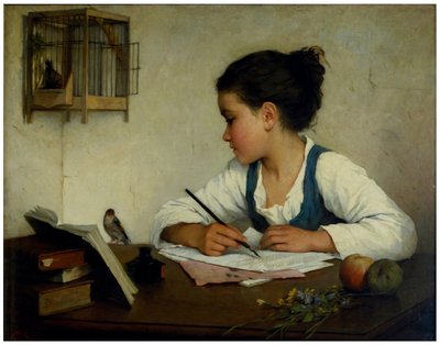 Una niña escribiendo; El jilguero mascota de Henriette Browne