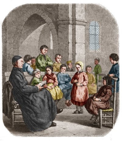 Le cathechisme, grabado de 1860 después de la pintura de Henriette Browne (Mme Jules de Saux, conocida como) (nacida Henriette Sophie de Bouteiller) (1829-1901) de Henriette Browne