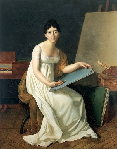 Retrato de la Artista, con vestido blanco y sosteniendo un esbozo de Henriette Lorimier