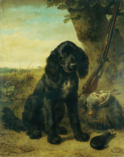 Un Retriever de pelo liso junto a un árbol (óleo sobre lienzo) de Henriëtte Ronner Knip
