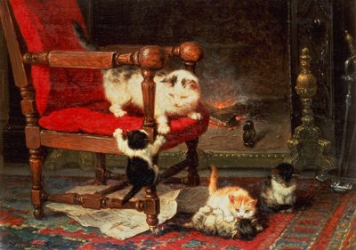 Jugando con el calor del fuego (óleo sobre lienzo) de Henriëtte Ronner Knip