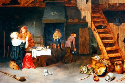 Interior campesino con figuras festejando en una mesa de Henrik Potuijl