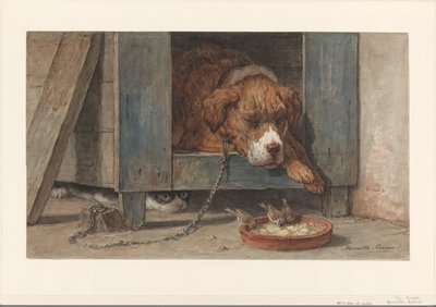 El gato espía a los pájaros cerca del perro que duerme de Henriëtte Ronner