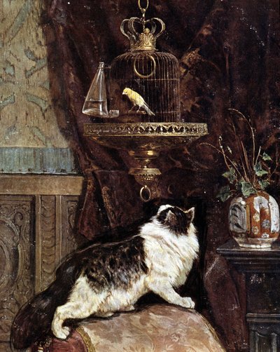 Gato espiando a un pájaro en una jaula de Henriëtte Ronner Knip