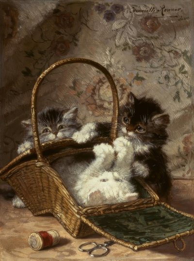 Gatitos con una cesta de costura de Henriëtte Ronner Knip