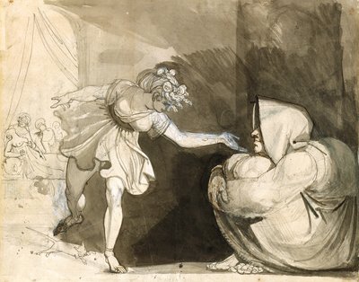 Galinthias burla a Eileithyia anunciando el nacimiento de Heracles (reverso: Retrato de la Sra. Fuseli) (grafito, tinta y aguadas de tinta realzadas con blanco sobre papel verjurado blanco) de Henry (1741 1825) Fuseli
