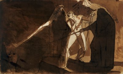 Macbeth y las Tres Brujas Mostrándole la Cabeza Armada de Johann Heinrich Füssli
