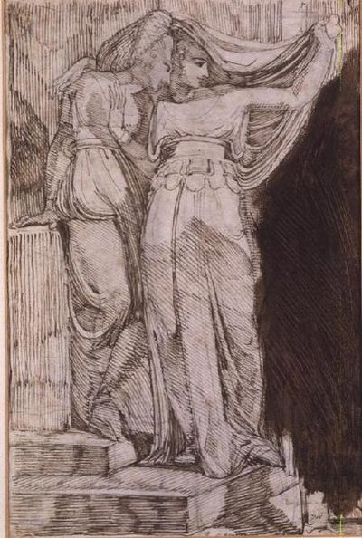 Dos figuras femeninas de pie en escalones, Roma, mayo de 1787 de Johann Heinrich Füssli