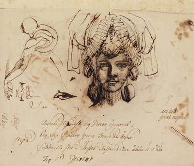 Sra. Fuseli con un Elaborado Tocador y Estudios de un Ojo, Boca y Torso de Johann Heinrich Füssli