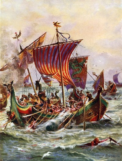 Las galeras del rey Alfredo atacando los barcos dragón vikingos, 897 (litografía en color) de Henry Payne