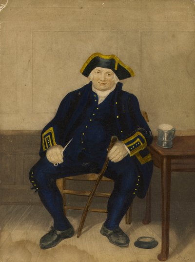 Retrato de Pensionista de Greenwich, sentado con pipa de arcilla y jarra de cerveza (aguatinta) de Henry (after) Dawe