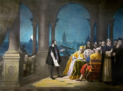 Galileo Galilei demostrando su telescopio a Leonardo Donato, Dux de Venecia y al Senado veneciano en 1609, c.1900 (litografía) de Henry (after) Detouche