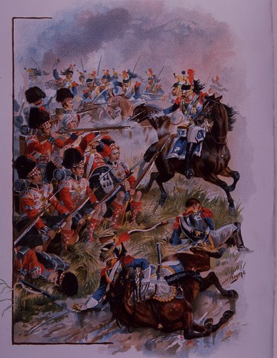 Soldados de las Tierras Altas forman un cuadrado contra la caballería francesa en Quatres Bras de Henry A. Payne