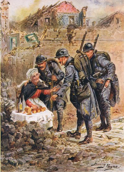 Una anciana vendiendo pasteles entre las casas derrumbadas de Verdún, ilustración de Brave Deeds by Brave Men por C. Sheridan Jones, pub. 1922 de Henry A. 1868 1940 Payne