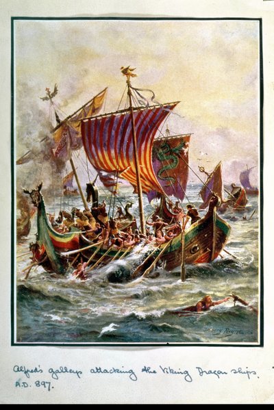 Las galeras de Alfredo atacando los barcos dragón vikingos, 897 d.C., ilustración de 